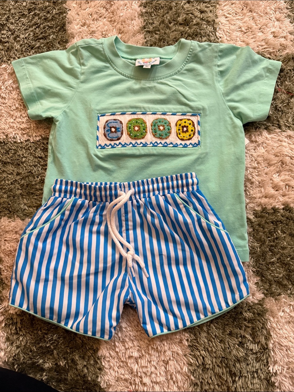 Mint Green Kids Matching Set with Blue Stripe Shorts